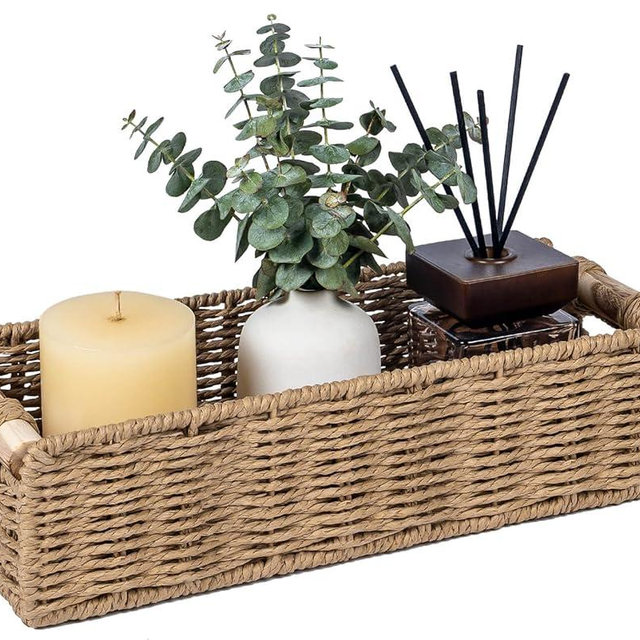 CubesLand Back of Toilet Storage Basket for Organizing w/Cut Out Handle, Handwoven Toilet Tank Top Paper Baskets, Wicker Decorative Basket for Countertop, Home Decor, Living Room, Nursery, Neutral