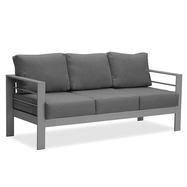 Wisteria Lane Patio Furniture Aluminum Sofa, All-Weather Outdoor 3 Seats Couch, Gray Metal Chair with Dark Grey Cushions