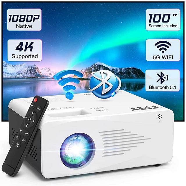 TMY Projector with WiFi and Bluetooth, Native 1080P 5G WiFi Outdoor Projector with 100" screen, 4K Supported Portable Projector, Compatible with iOS/Android/PC/TV Stick/HDMI/AV/USB, Indoor Outdoor Use