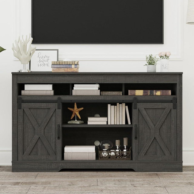 RoyalCraft Farmhouse TV Stand for 65+ Inch TV, 34'' Tall Entertainment Center with Sliding Barn Doors, Rustic Wood Media Console Storage Cabinet Television Stand for Living Room, Bedroom (Dark Grey)