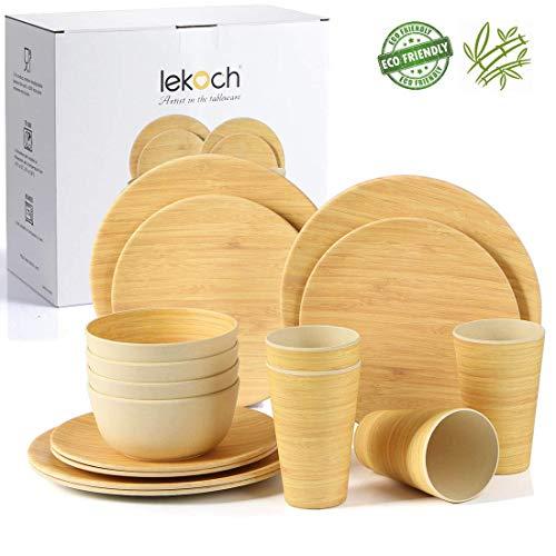 Lekoch 16-Piece Bamboo Tableware Set for 4, Dinnerware Set Include (Dinner & Salad Plate Cup Bowl）(4 Guests (Wood Grain))