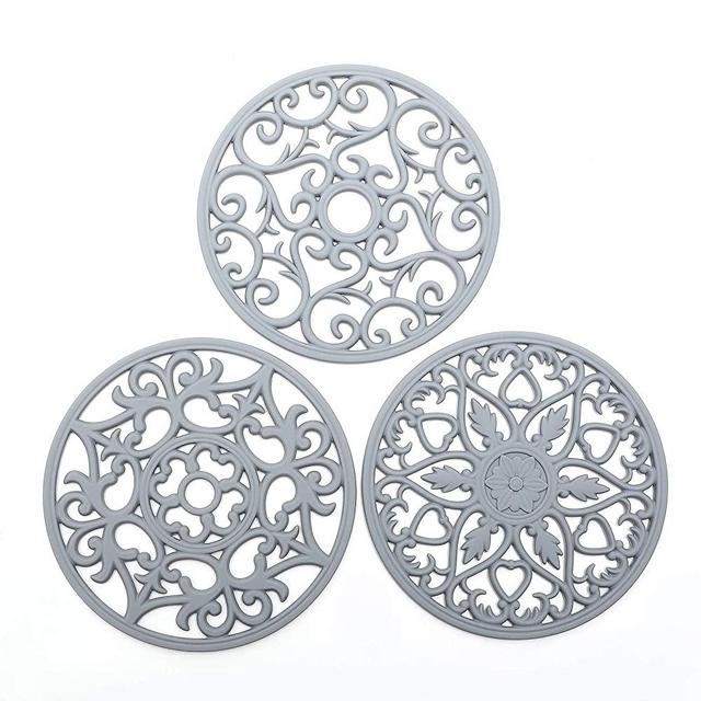 BEYAHELA Set of 3 Silicone Trivet Mats Hot Pot Holders. Carved Silicone Mat Hot Pads & Heat Resistant Coaster 440°F for Dish & Pans, Non Slip Kitchen Hot Plates for Table & Countertop-8 inches (Gray)