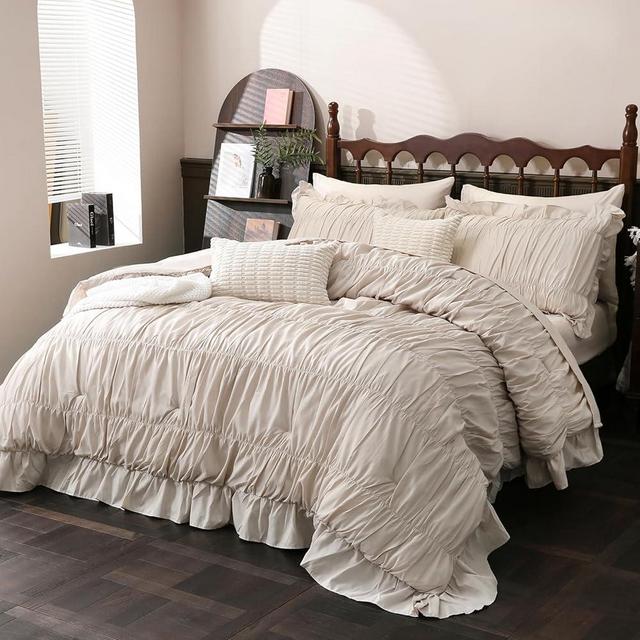 Herside Beige Comforter Set Queen Size,Ruched Boho Bedding 9-Piece Bed-in-a-Bag for All Seasons,Fluffy Luxury Ruffle Bedding Set with Comforter, Flat Sheet, Fitted Sheet, Pillow Shams, Pillowcases