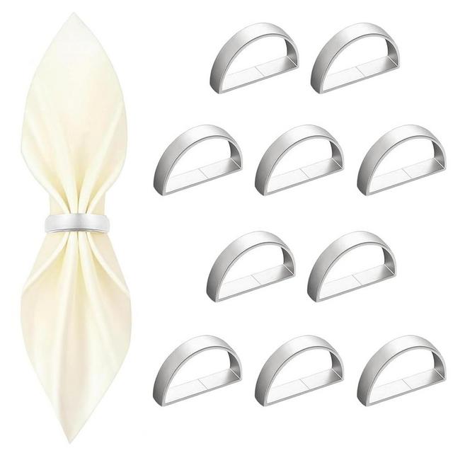 10 Pcs Silver Napkin Rings - Metal Napkin Ring(Semicircle) Stainless Steel Napkin Rings for Table Settings Wedding Christmas Party Dinner Table