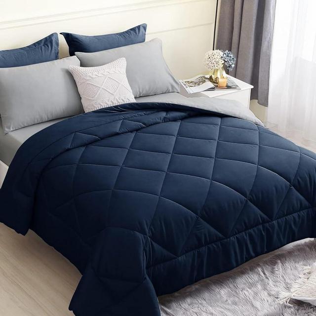 HEVUMYI Queen Comforter Set 7 Pieces, All Season Comforters Queen Size, Hypoallergenic Bed in a Bag Queen with Reversible Comforter, Flat & Fitted Sheet, Pillowcases & Shams - Navy & Grey
