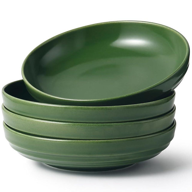HAPPY KIT Pasta Bowls 42 Oz, Stoneware Reactive Glaze Serving Bowl Set of 4, 9'' Large Salad Bowls for Fruits, Noodle, Dinner, House-warming Wedding Present, Emerald Green