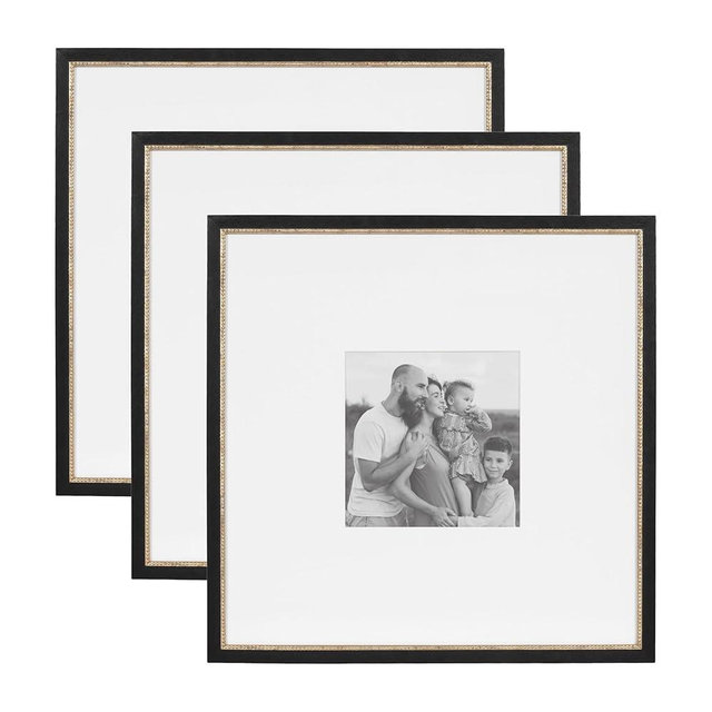 Kate and Laurel Wilbanks Traditional Square Picture Frame Set of 3, 18 x 18 matted to 8 x 8, Black and Gold, Vintage Three-Piece Frame Set for Gallery Wall Frame Set in Living Room Wall Decor