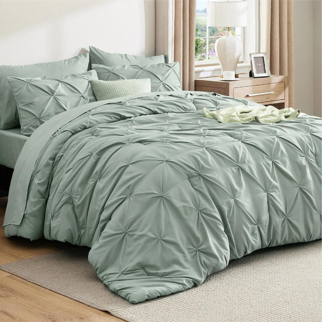 Solid Diamond Pintuck 7pcs Queen Sage Green Bedding Set Comforter Set - Bedsure