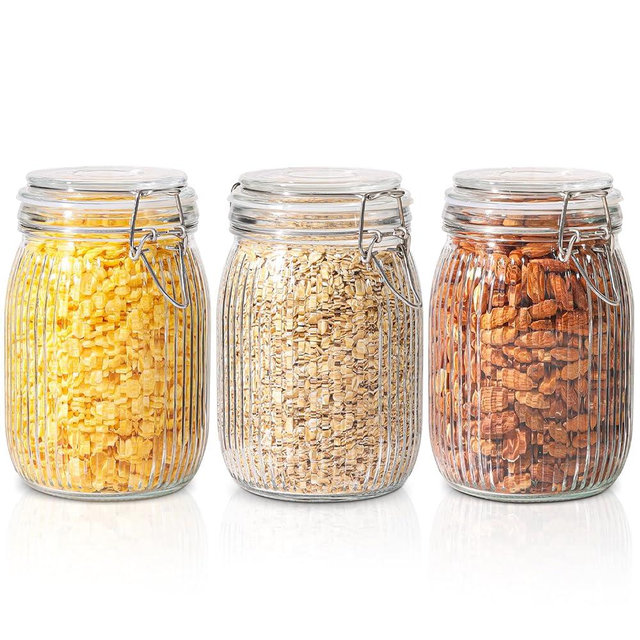 ComSaf Airtight Glass jar with lid 37oz Set of 3, Glass Storage Containers with Lids, Glass Canister, Striped Clip Fastening Jar for Kitchen Canning, Cereal, Pasta, Sugar, Flour, Cookie