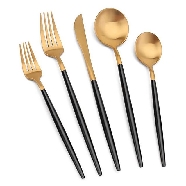 Matte Gold Silverware Set with black handle , Vanys 30 Piece Stainless Steel Cutlery Flatware Set, Kitchen Utensil Sets for 6, Tableware With Knife Spoons And Forks Set, Satin Finished Polished