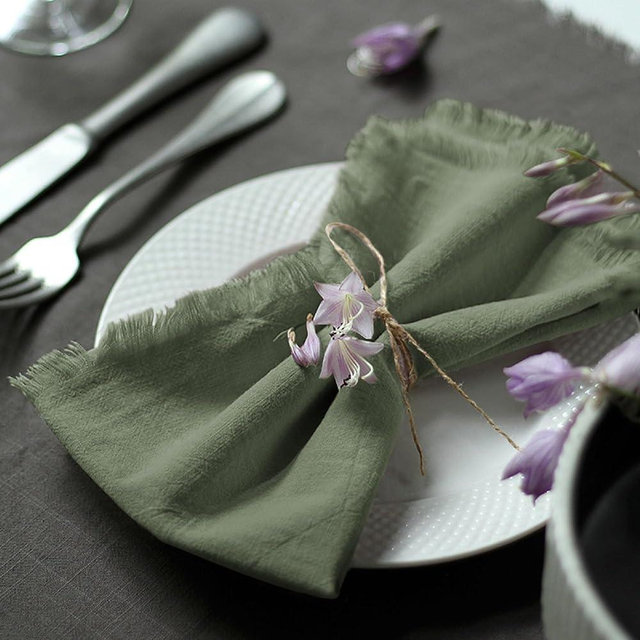 Ayuzawa Handmade Cloth Napkins 100% Cotton Napkins with Fringe，Delicate Handmade Cloth Napkins for Dinners, Parties, Weddings and More，18 x 18 Inch Set of 12 - Sage Green