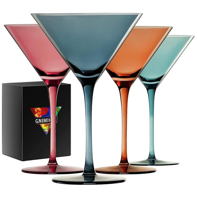 Gnimihz Colored Martini Glasses Set of 4-9 oz, Handmade Premium Crystal Cocktail Glasses, Martini, Cosmopolitan, Manhattan, Gimlet, Pisco Sour, Christmas Gifts for Men Women, Colored
