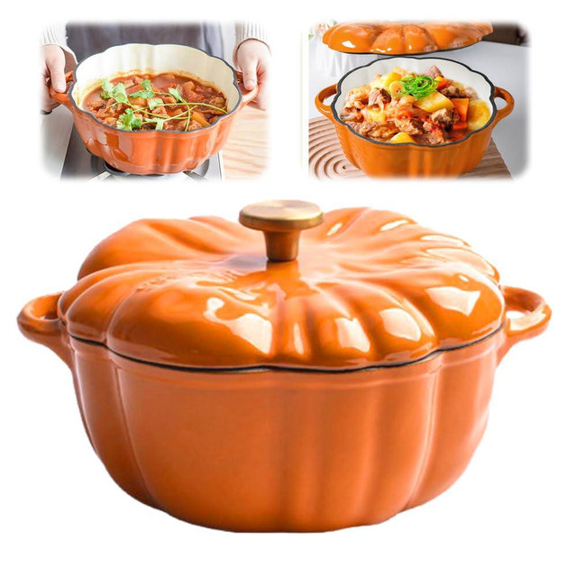 Halloween Pumpkin Cast Iron Dutch Oven, 6.3 in 1.6 qt Pumpkin Dutch Oven, Heavy-Duty Enameled Cast Soup Pot with Lid for Stews, Casseroles, Baking, Halloween Thanksgiving Fall Decor Gift (Orange)