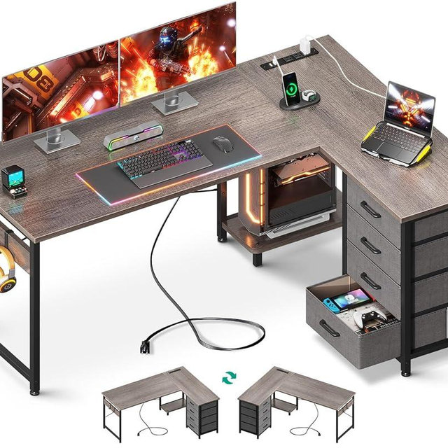 AODK L Shaped Desk with 4 Tier Drawers, 53" Reversible Gaming Desk with Power Outlets, L Shaped Computer Desk with USB Charging Port and Host Stand, Home Office Corner Desk, Easy to Assemble, Grey Oak