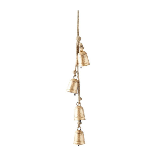 Deco 79 Metal Handmade Tibetan Inspired Decorative Cow Bells with 4 Bells on Jute Hanging Rope, 4" x 3" x 29", Gold