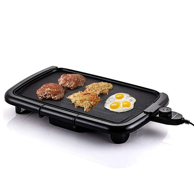 Ovente Electric Indoor Grill with 15 x 10-inch Non-Stick Cooking Plate,  Dishwasher-Safe Base and Removable Drip Tray, Adjustable Temperature Knob