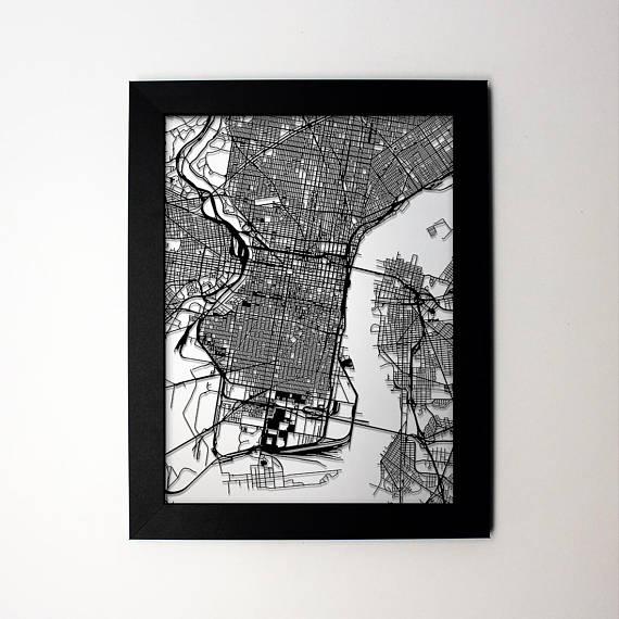 Philadelphia Pennsylvania Laser cut map, PA laser cut street map
