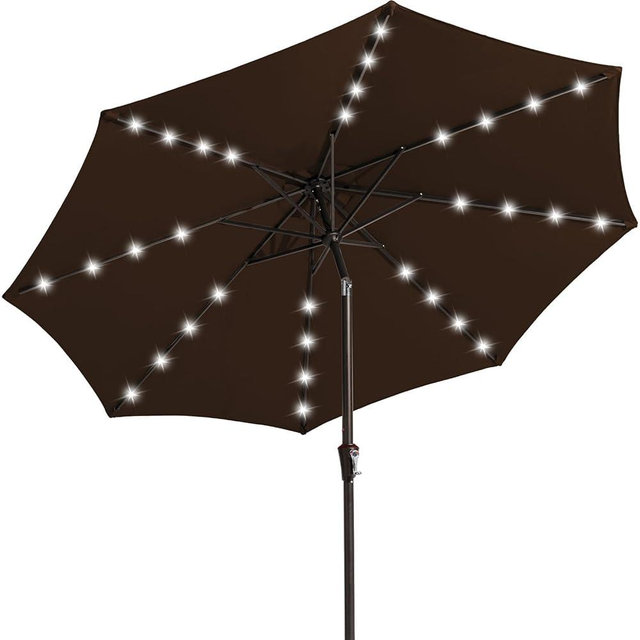 JEAREY Upgrade 9FT LED Lighted Patio Umbrella, Solar Outdoor Umbrella, Tilt Table Umbrella for Pool, Deck & Yard (Coffee Brown)