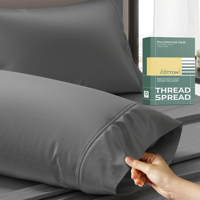 THREAD SPREAD 100% Organic Cotton Pillow Cases Set of 2 Queen/Standard Size - Soft, Cooling, Crisp & Breathable Organic Cotton Percale Weave Pillowcase for Queen Pillow (Dark Grey), GOTS Certified