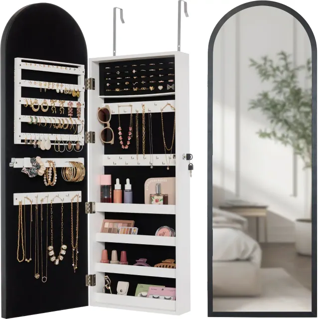 Best Choice Products Door/Wall Mounted Arch Mirror Jewelry Armoire, w/ Metal Frame, Lockable Door - Black