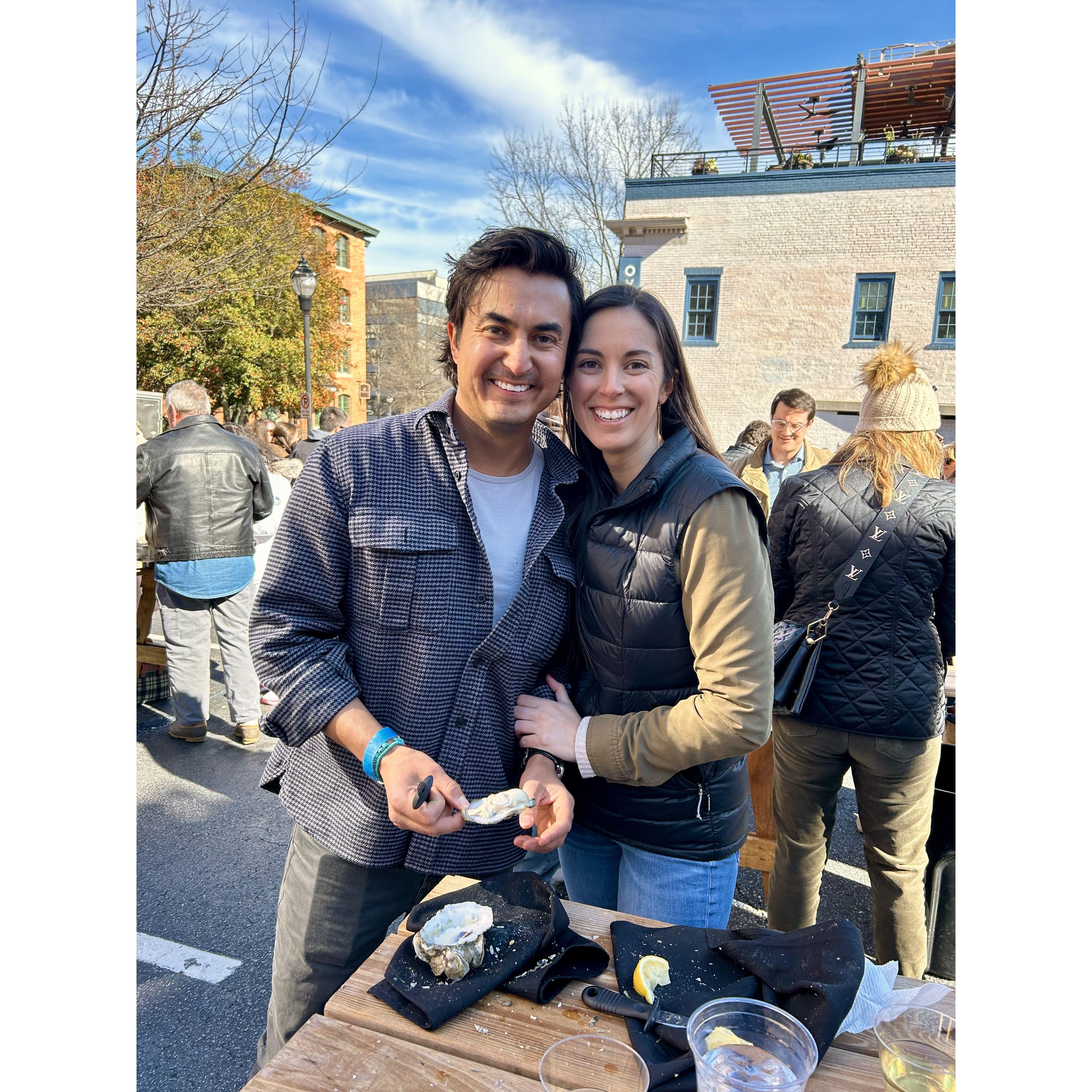 Enjoying an oyster roast at our favorite restaurant in Greenville!
