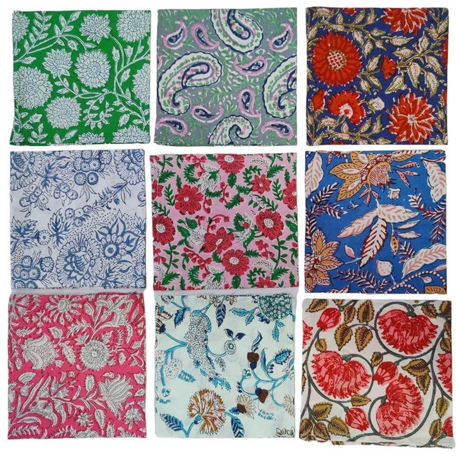 INDIANHANDICRAFTS 10 Pc Mix Lot Hand Block Print Napkin, 100% Cotton, 16x16 Inch, Multicolor Floral, Square, Napkin