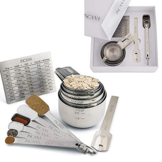 Stainless Steel Measuring Cups and Spoons Set with Level and Conversion Chart - Elegant Gift Set, Ergonomically Designed, 14-Piece Baking Kit with Measure Cups, Tablespoons, and Teaspoons - Metal