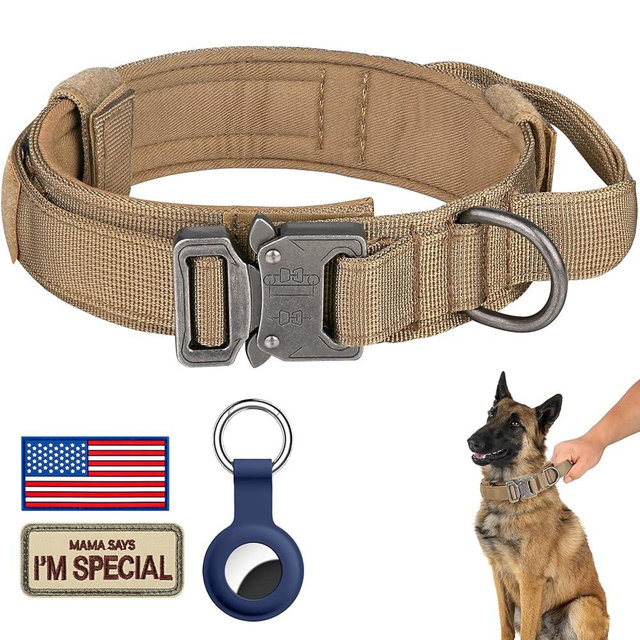 DAGANXI Tactical Dog Collar, Adjustable Military Training Nylon Dog Collar with Control Handle and Heavy Metal Buckle for Medium and Large Dogs, with Patches and Airtags Case (L, Brown)
