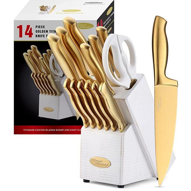 Marco Almond MA21 Golden Knife Sets, Titanium Coated 14 Pieces Stainless Steel Hollow Handle Gold Kitchen Knives Set with White Wash Finish Wood Block