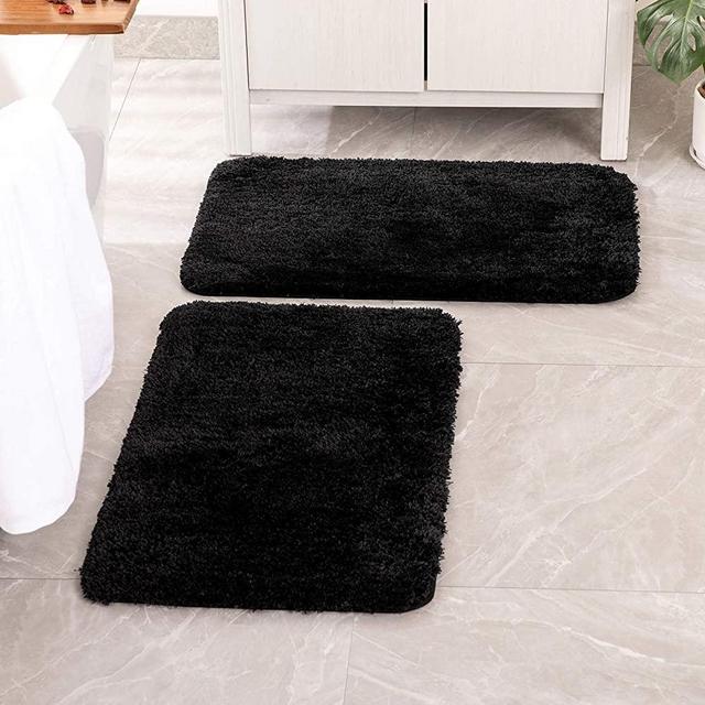 MIULEE Set of 2 Non Slip Shaggy Bathroom Rugs Extra Thick Soft Bath Mats Plush Microfiber Absorbent Water for Tub Shower Machine Washable (Black, 16x24 inches)