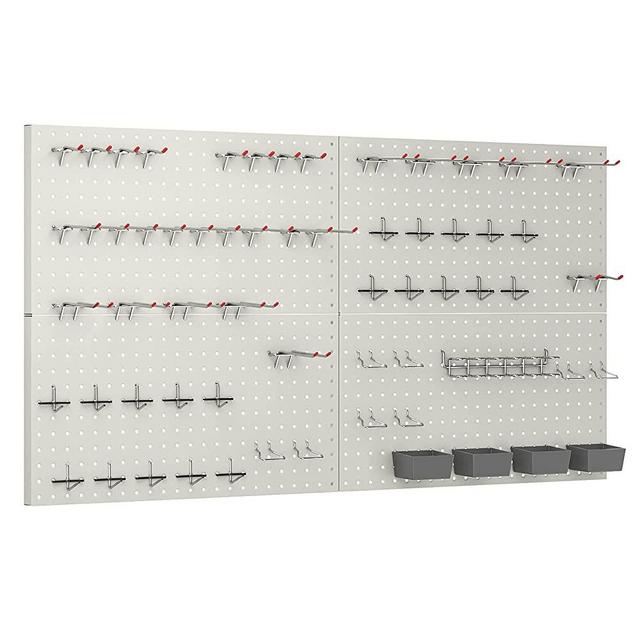 TORACK 97pcs Garage Storage, 48x24 inch Pegboard Wall Organizer, Metal Pegboard with Hooks, Garage Storage Bins, Utility Tool Board, Panel Tool Organizer, Silver