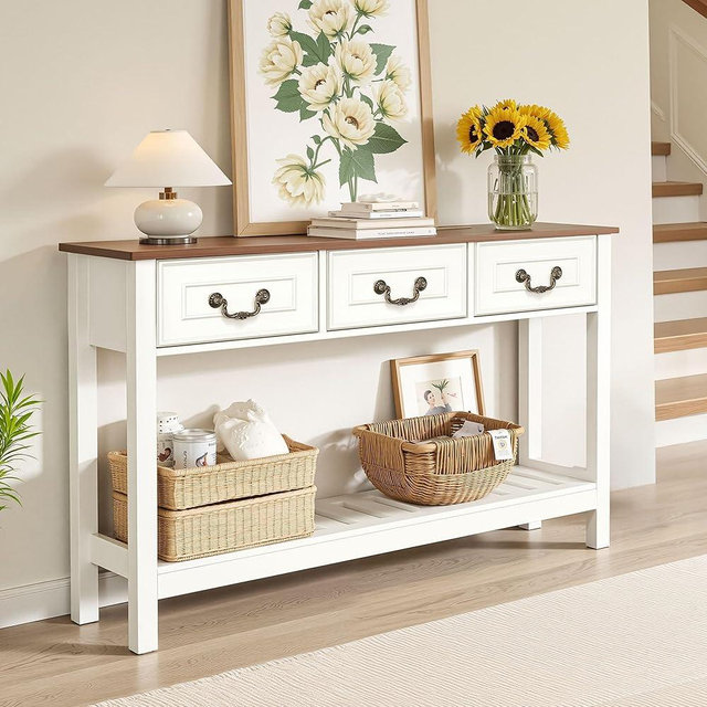 spanspace Sofa Table - Entryway Table with Drawers, Narrow Console Table for Living Room, 53” Long Farmhouse Sofa Table with 3 Drawers & 2-Tier Shelves,Black Oak Finish for Hallway or Behind Couch