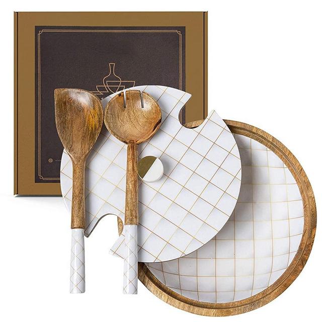 Decorative Wooden Salad Bowl Set White & Gold, mango wood salad bowl with servers & lid, large wood fruit bowl, wooden salad bowl sets, wood bowl with server, wood bowl for food, Wooden Bowls with lid