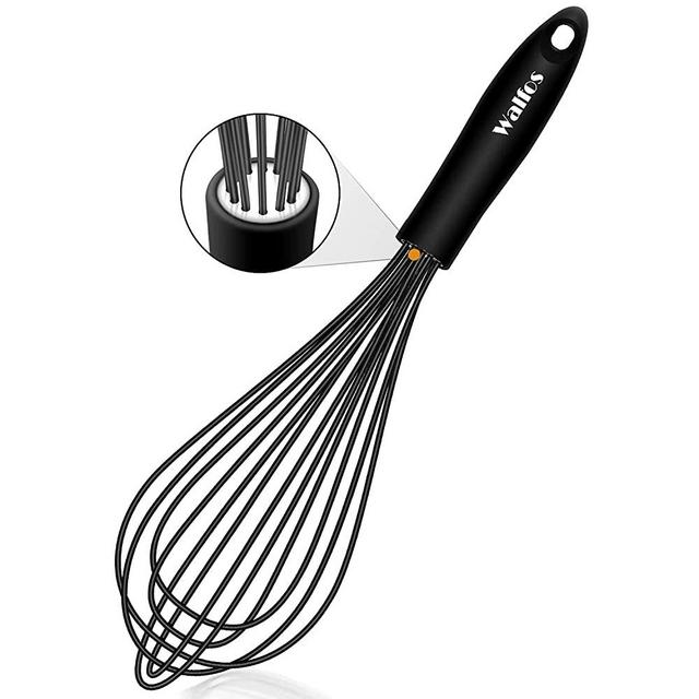 Walfos Silicone Whisk, 11in Kitchen Whisks for Non-stick Cookware, Stainless Steel Wire Balloon Whisk Perfect for Blending, Whisking, Beating, Frothing, Black