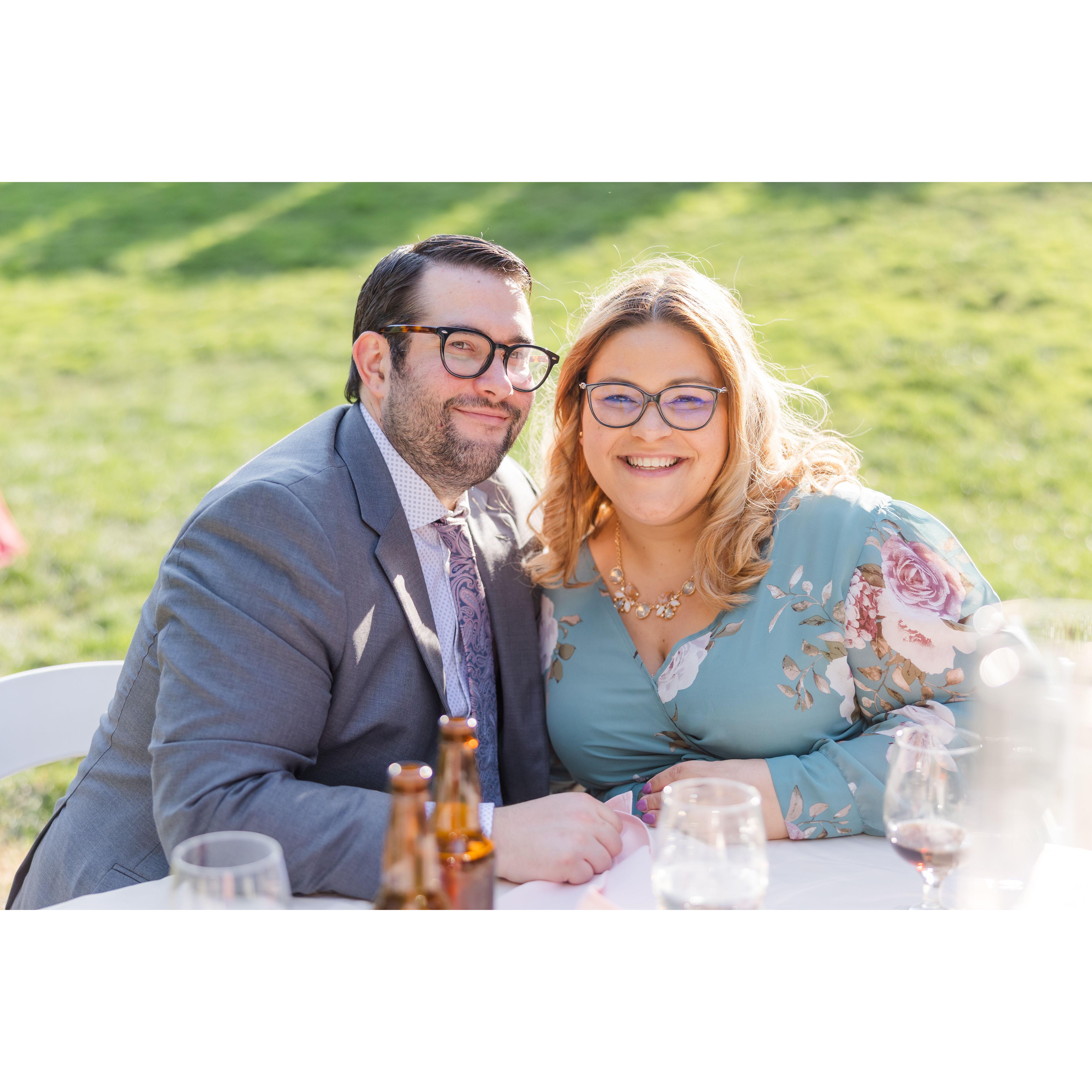 Dressing our best at friend's wedding.