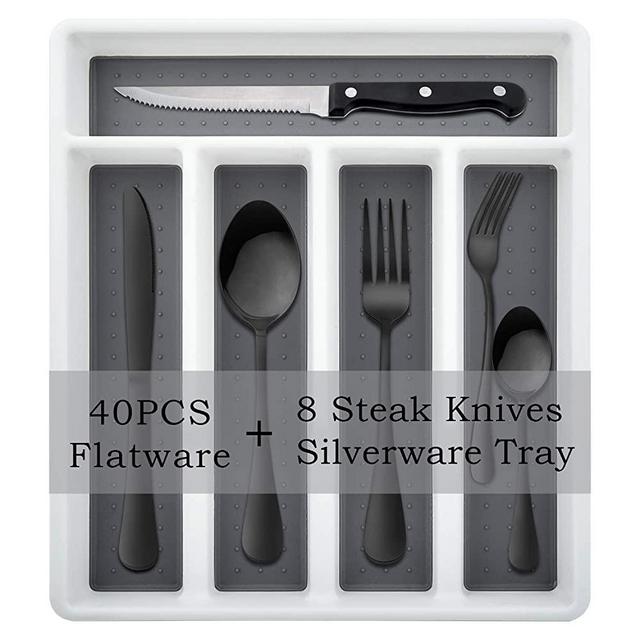 49-Piece Silverware Set with Flatware Drawer Organizer, HaWare Stainless Steel Cutlery Set with 8 Steak Knives, Eating Utensils Set Service for 8, Mirror Polished, Dishwasher Safe-Black