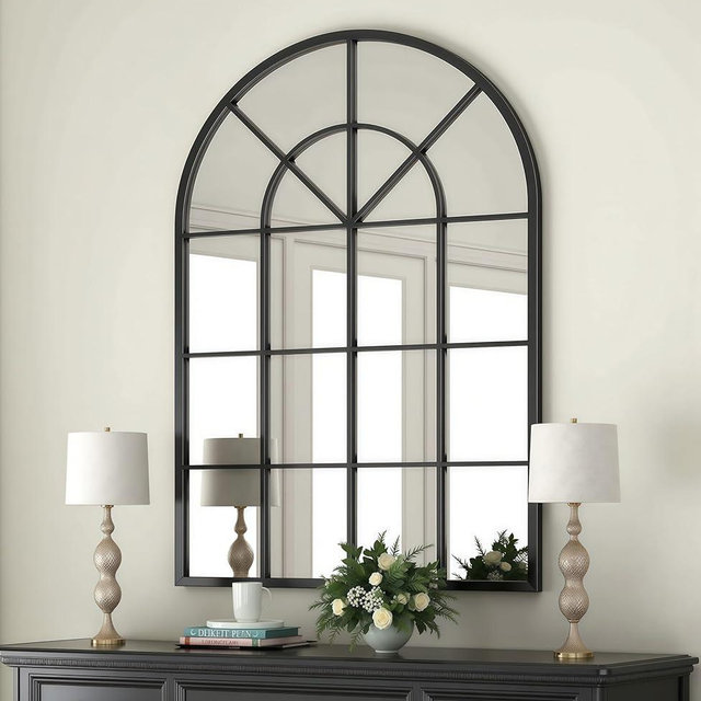 Arch Wall Mirror Mounted Decorative, 30"x42", Arched Window Pane Mirror for Wall-Mounted for Entryway, Bathroom Vanity, Living Room or Bedroom, Iron Frame, Black