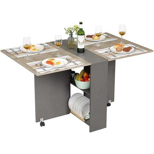 Tiptiper Folding Dining Table with 2 Storage Racks, Drop Leaf Table with 6 Wheels, Multifunction Expandable Table for Kitchen, Bedroom, Living Room