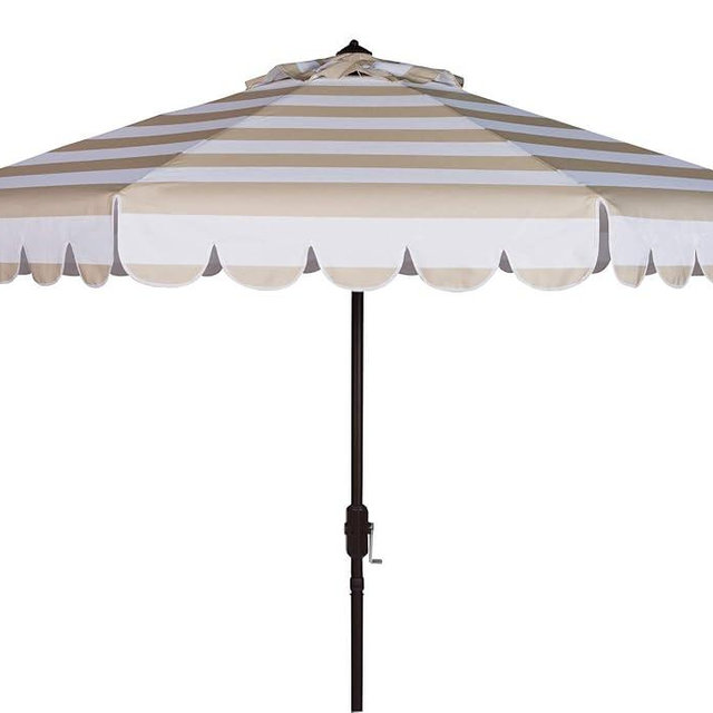 SAFAVIEH 9ft Outdoor Patio Umbrella, Round, Maui Collection, Beige & White Stripe, Crank, Button Tilt, UV Resistant for Deck, Backyard, Patio (PAT8011A)