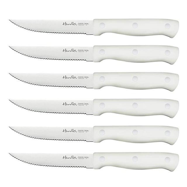 Harriet Steak Knife Set, Serrated Steak Knives Set of 6, Full Tang German Stainless Steel Steak Knives, White