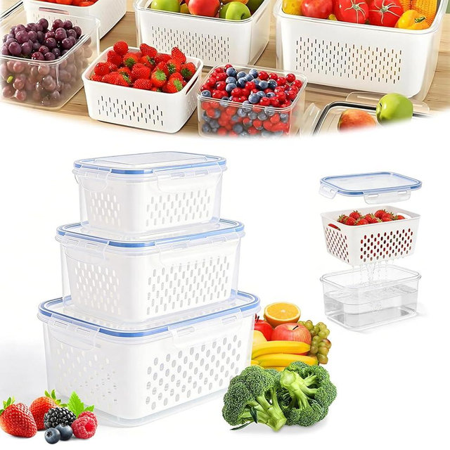4 in 1 Fruit Storage Containers for Fridge, Food Storage Container,Produce Storage Containers with Lid and Strainer, Including Drain Basket, Multipurpose Large Fruit Containers for Fridge (3PC S+M+L)