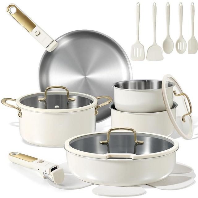 CAROTE 19pcs Tri-Ply Stainless Steel Cookware Set with Detachable Handle, Pots and Pans Set, Induction Kitchen Cooking Sets, RV/Camping Cookware, Outer Ceramic Layer, Oven Safe, Cream White