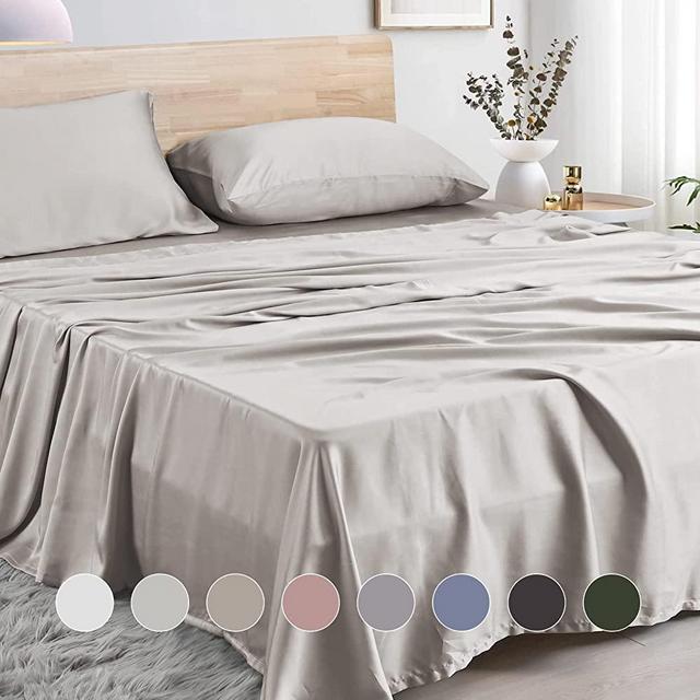 Sijo Premium 100% Austrian Eucalyptus Lyocell Tencel Sheet Set, Softer Than Silk, Moisture Wicking, Temperature Regulating, Cooling - 2 Pillowcases 1 Fitted 1 Flat (Fog, Queen - 4pc with Flat Sheet)