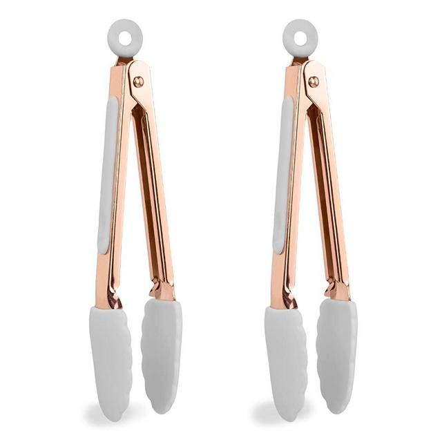COOK with COLOR Tongs for Cooking Stainless Steel and Silicone Set of Two 6” Rose Gold MINI Nonstick Kitchen Tongs with Silicone Tips Small Tongs Appetizer Tongs Sugar Tongs Salad Tongs (White)