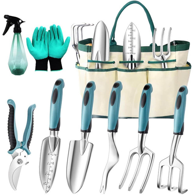 KEAOOD Garden Tools Set 9 Pieces, Heavy Duty Garden Hand Tool Set for Women with Storage Tote Bag Aluminum Rust-Proof Weeding Gardening Planting Yard Tool Gifts for Women and Men