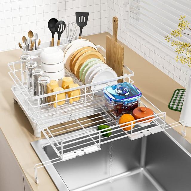Laveshop Dish Drying Rack - Expandable Dish Rack, Large Capacity Dish Drainer for Kitchen Counter, Rust-Proof with Utensil Holder, White