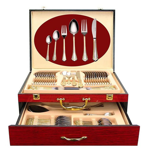 Venezia Collection 75-Pc Luxury Flatware Set for 12 w/Wooden Storage Case 24K Gold Premium Dining Cutlery Service - 18/10 Surgical Stainless Steel Silverware Hostess Serving Set in a Chest