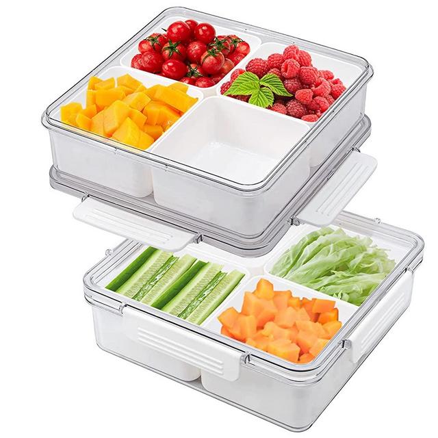 MineSign 2Pack Snack Container Divided Veggie Serving Tray with Lid Salad Keeper with 4 Removable Boxes Stackable Refrigerator Organizer Bins Produce Saver for Meal Prep Fruit