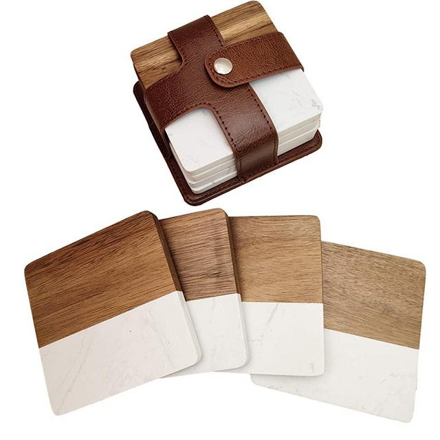 Wood and Marble Coasters with Leather Holder ，4 inch Decor Coasters, Tabletop Protection for Any Table Type ( Square Marble with Wood)