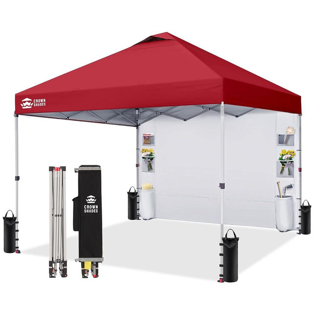 CROWN SHADES Canopy Tent 10x10 Pop Up Canopy Outdoor Shade with Pockets Sidewall, Easy Up Sun Shelter with One Person Set Up Center Lock, Portable Instant Camping Beach Canopy Tents, Red